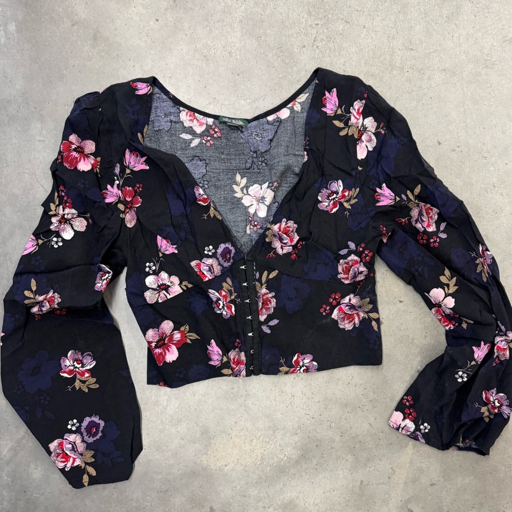Wild Fable Black Floral Corset Top XL Puff Sleeve Hook Front Like New